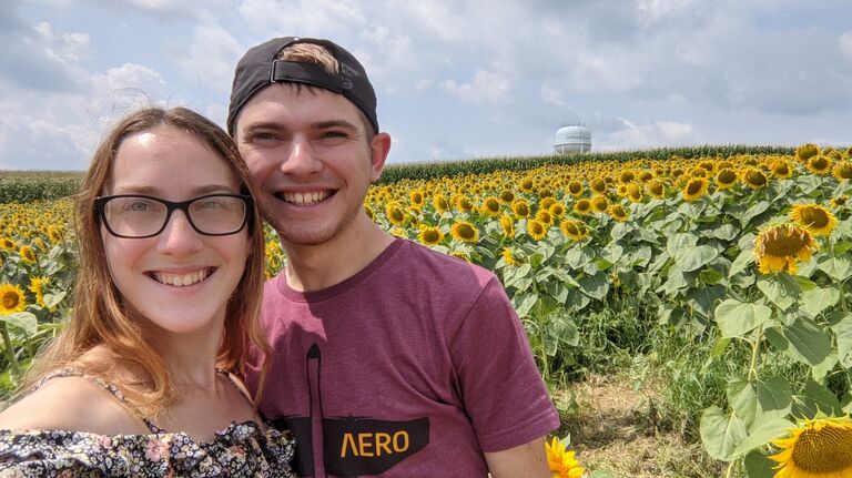 Exploring a sunflower field.