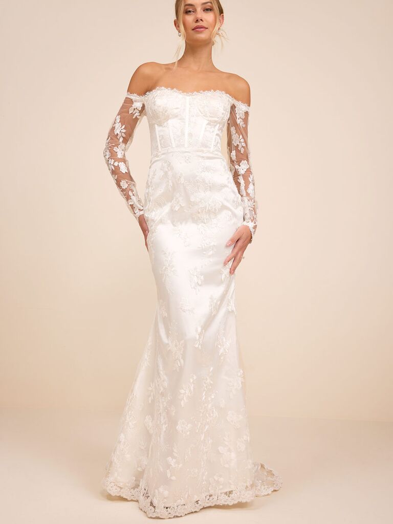 Lulus lace off-the-shoulder wedding dress