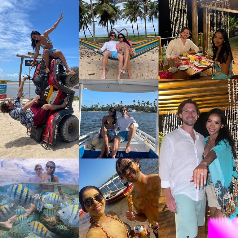 
Depois de passarem algumas semanas na cidade natal de Amanda, eles fizeram uma viagem de 15 dias pelo Nordeste do Brasil. O plano era explorar as praias, comer comida deliciosa e beber o máximo de caipirinhas e piña coladas possível, as férias perfeitas para Touro! No entanto, Andrew tinha algo especial planejado para esta viagem e não podia esperar mais. Amanda fez todo o itinerário, já que era sua terra natal, e o português não seria um problema para ela. Mas, para este dia, eles embarcaram em um passeio de barco para a Ilha de Santo Aleixo, para passar o dia fazendo snorkeling, caminhando pela ilha e aproveitando a praia. Ao voltarem para o resort, planejavam jantar e ficar à beira da piscina ouvindo a banda ao vivo. O que Amanda não tinha no itinerário era que Andrew organizou um lindo jantar romântico à beira-mar. Então, ela foi se arrumar para o jantar, percebendo que Andrew estava agindo um pouco estranho, mas não percebeu a enorme caixa quadrada que ele tinha no bolso. Ela chegou ao jantar e ficou sem palavras ao ver o que ele tinha preparado, foi tão doce. Andrew disse: "Eu queria celebrar nossa primeira viagem ao Brasil, a primeira de muitas outras que virão" e deu a Amanda uma caixa com uma pulseira de ouro com pedras de safira e esmeralda representando as cores do Brasil. Por um momento, Amanda pensou que seria um anel, mas assim que viu a caixa retangular, percebeu que não era. Obviamente, ela ainda adorou o presente atencioso e usa esta pulseira todos os dias! Bem, todos nós sabemos que este presente era Andrew tentando enganá-la e ainda surpreendê-la com um pedido de casamento. Então, depois de um copo de vinho, Andrew começou a declarar seu amor por Amanda, com emoções e amor fluindo. Em seguida, ele pediu ao garçom para tirar uma foto deste momento, seguido por um "Pode gravar, por favor." Amanda olhou para ele tão confusa, porque ele nunca grava nada. De repente, Andrew estava de joelhos: "Amanda, você quer se casar comigo?" Sem palavras, ela olhou para ele e disse: "Claro, SIM!!!"