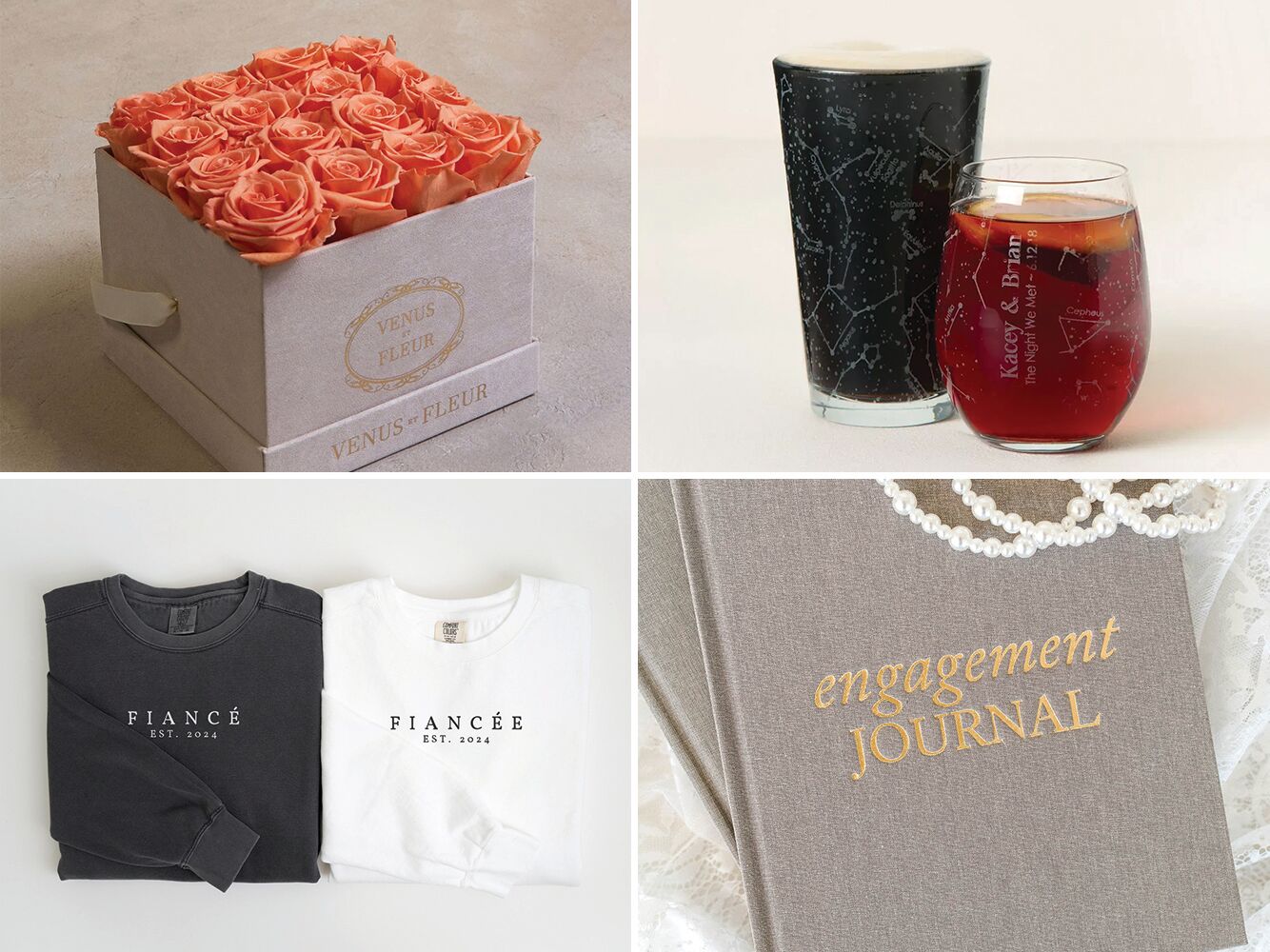 Engagement Gift Ideas from Parents: eternal roses, personalised drinking glasses, engagement journal, matching sweatshirts,