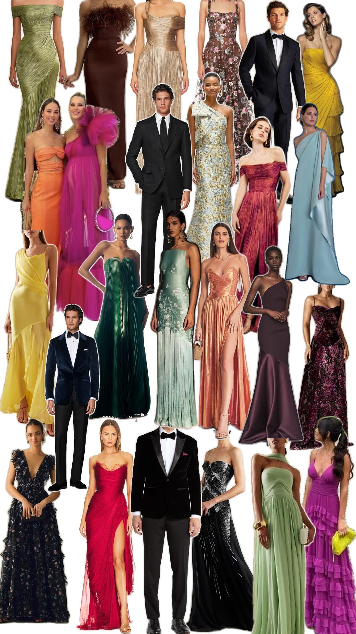 Our wedding day attire is Black Tie Glam. Note, this is not a beach wedding. This is formal wear with some fun if you're feeling inspired. 

**For Women:** Long evening gowns in jeweled tones or patterns with formal shoes. 

**For Men:** Please wear suits or tuxedos, preferably in black with ties or bow ties. For footwear, please wear dress shoes or loafers that complement your suit. 

***We request men avoid wearing white jackets on the wedding day—hint, hint!