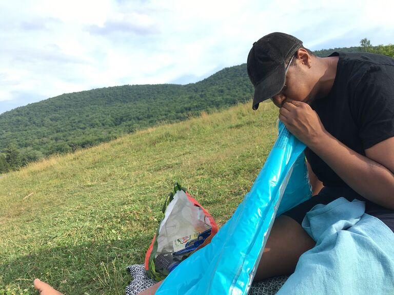 True love is blowing up a floatie for your future spouse. Jimmy is pictured here at Colgate lake. Now we own two floaties, a paddle board, and most importantly a battery operated air pump! 