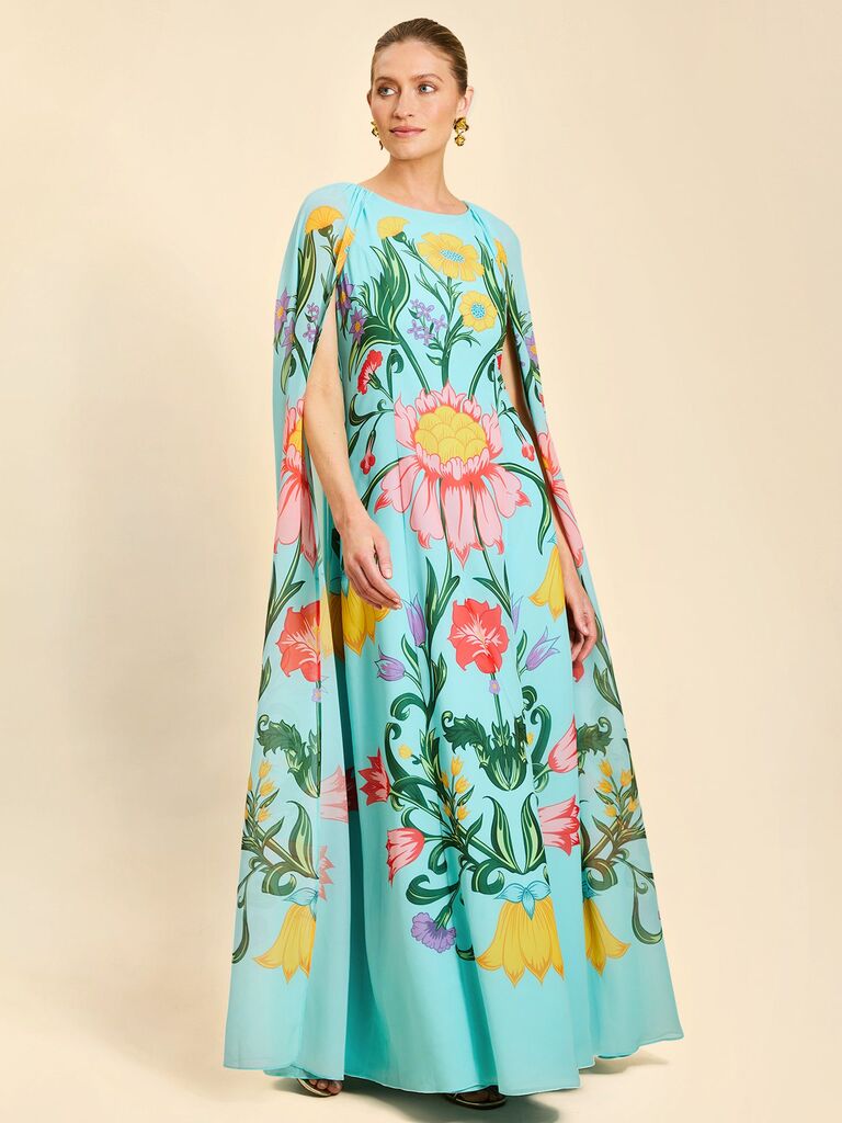 Mestiza New York turquoise floral cape gown