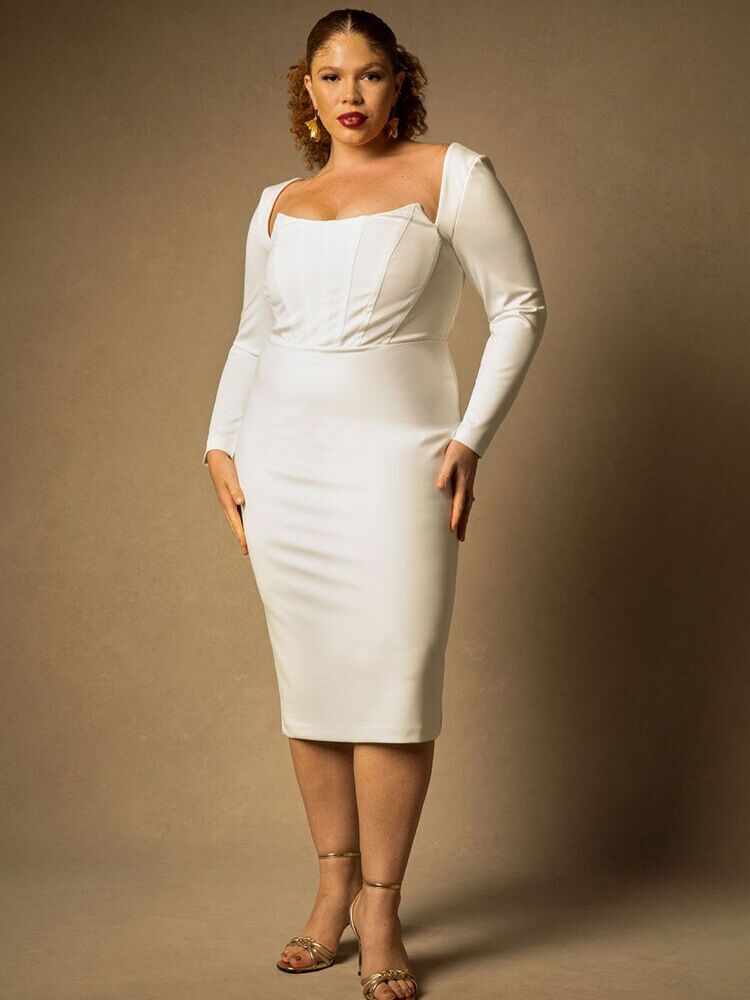 White long sleeve bachelorette midi dress from ELOQUII