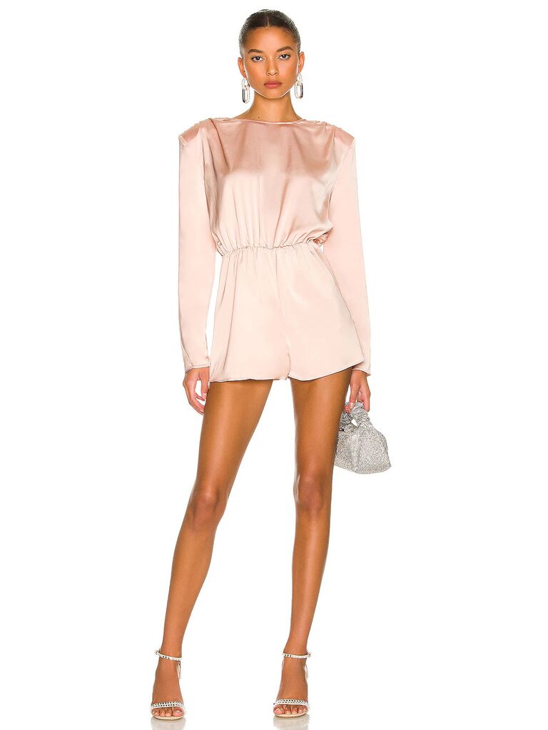 revolve champagne colored bridal romper with long sleeves lightly pleated waist high neckline and shorts