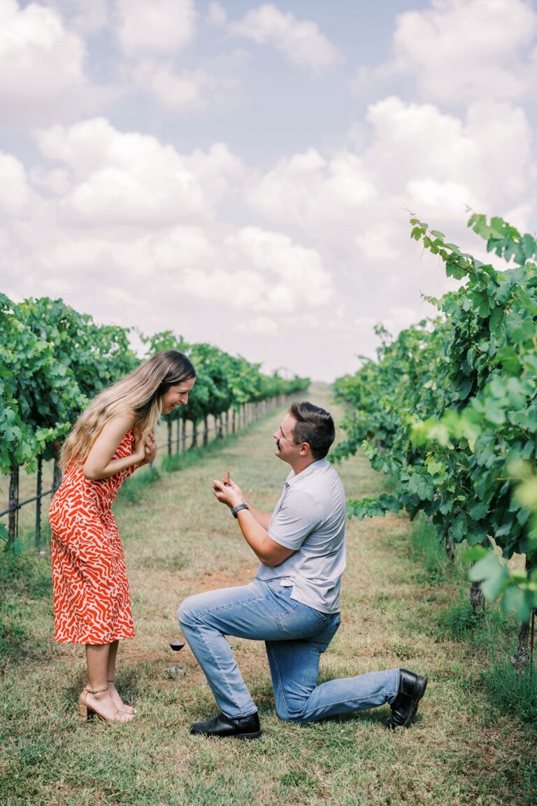 Caleb proposed to Hannah at Becker's Vineyard in Fredericksburg, Texas after a wine tour. 