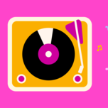 Colorful illustration of a record player and musical notes
