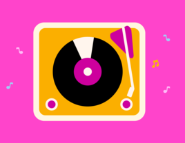 Colorful illustration of a record player and musical notes