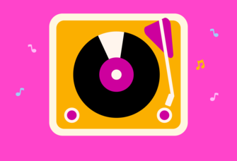 Colorful illustration of a record player and musical notes
