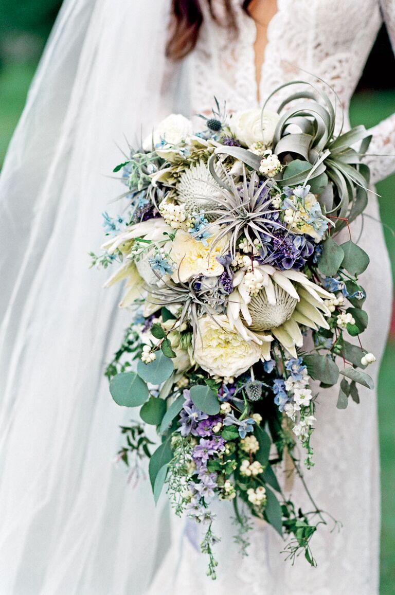 Whimsical bridal bouquet with air plants and king protea