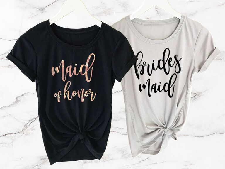 Black and gray bridal party shirts with metallic text