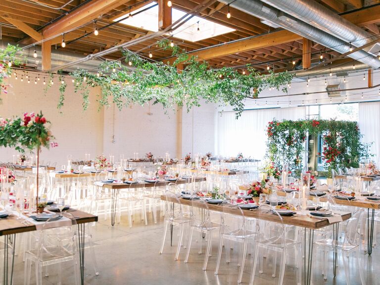 A romantic indoor wedding reception area at Skylight