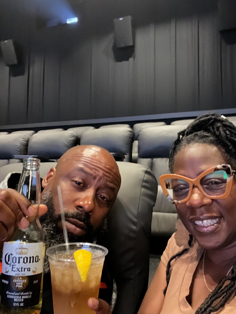 A perfect evening with drinks and a movie.