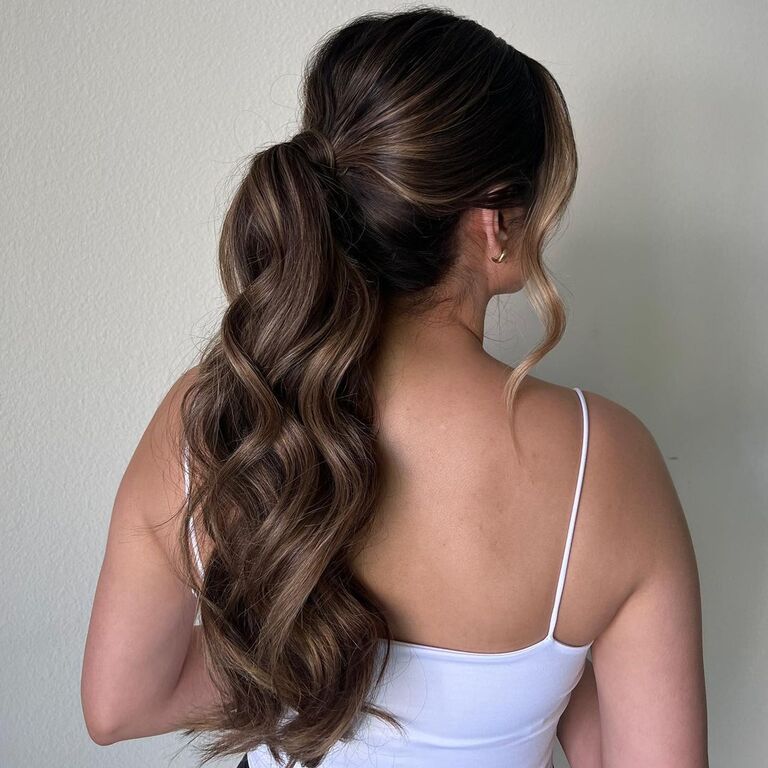 Curly ponytail wedding guest hairstyle