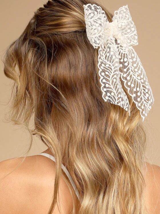 Lace Hair Bows for Women Lace Hair Bow Clips White Lace Bow Clips Lace Bows  for Hair Bridal Bow Large Hair Bow with Long Tail Cute Hair Accessories