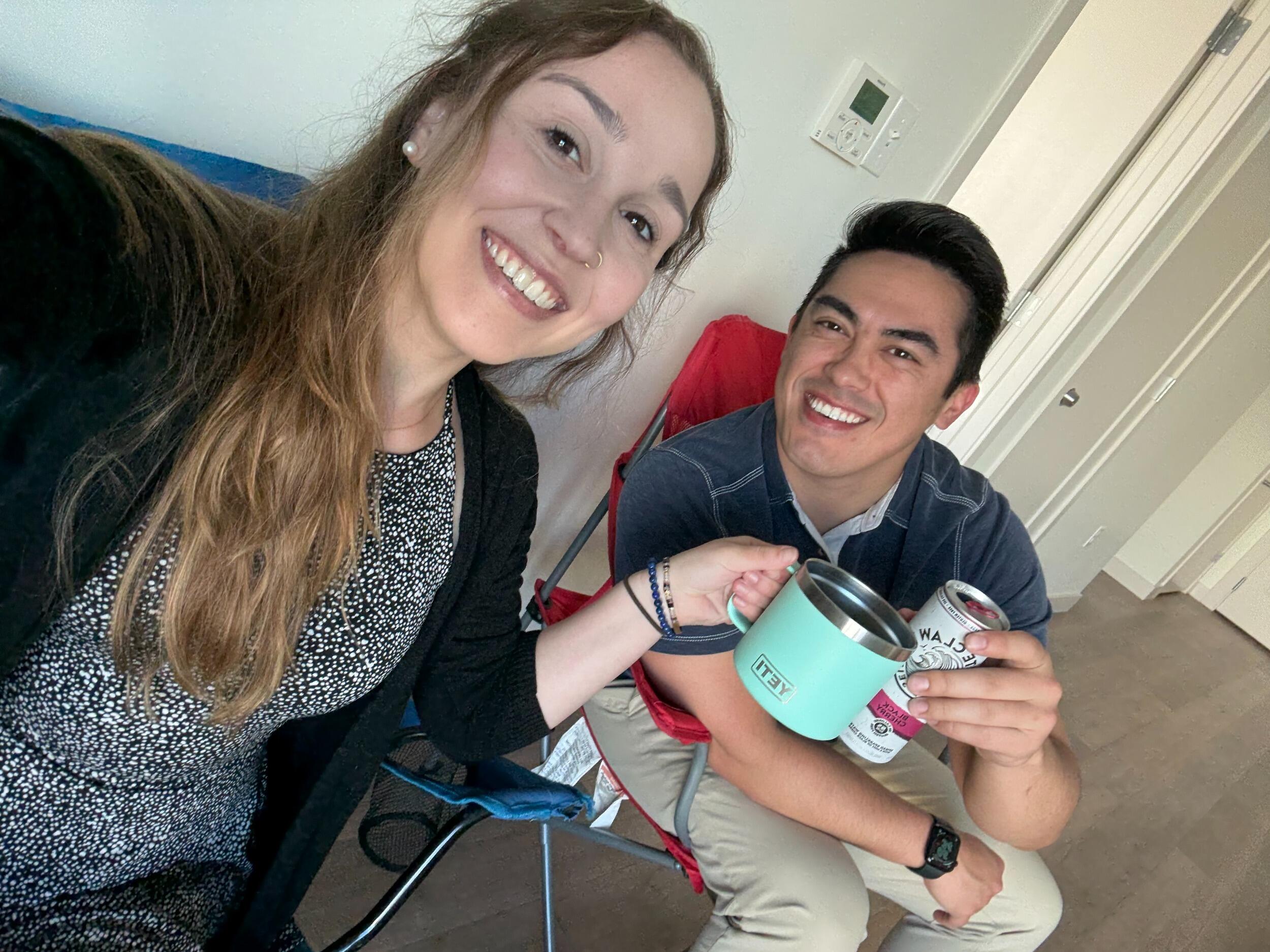 They celebrate their 2 year anniversary in their new apartment featuring the soccer chairs Jaxon used for seating before Emily brought up her couch.