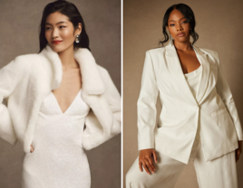 Collage of two wedding jackets, including faux fur jacket and blazer