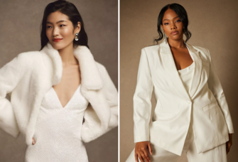 Collage of two wedding jackets, including faux fur jacket and blazer