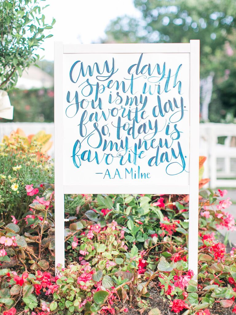 wedding sign quotes blue calligraphy on white wood