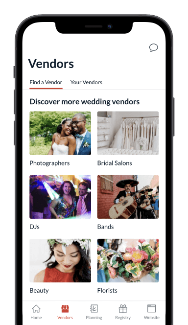 A phone screen showing wedding vendor categories available for search, like photographers, DJs, and florists