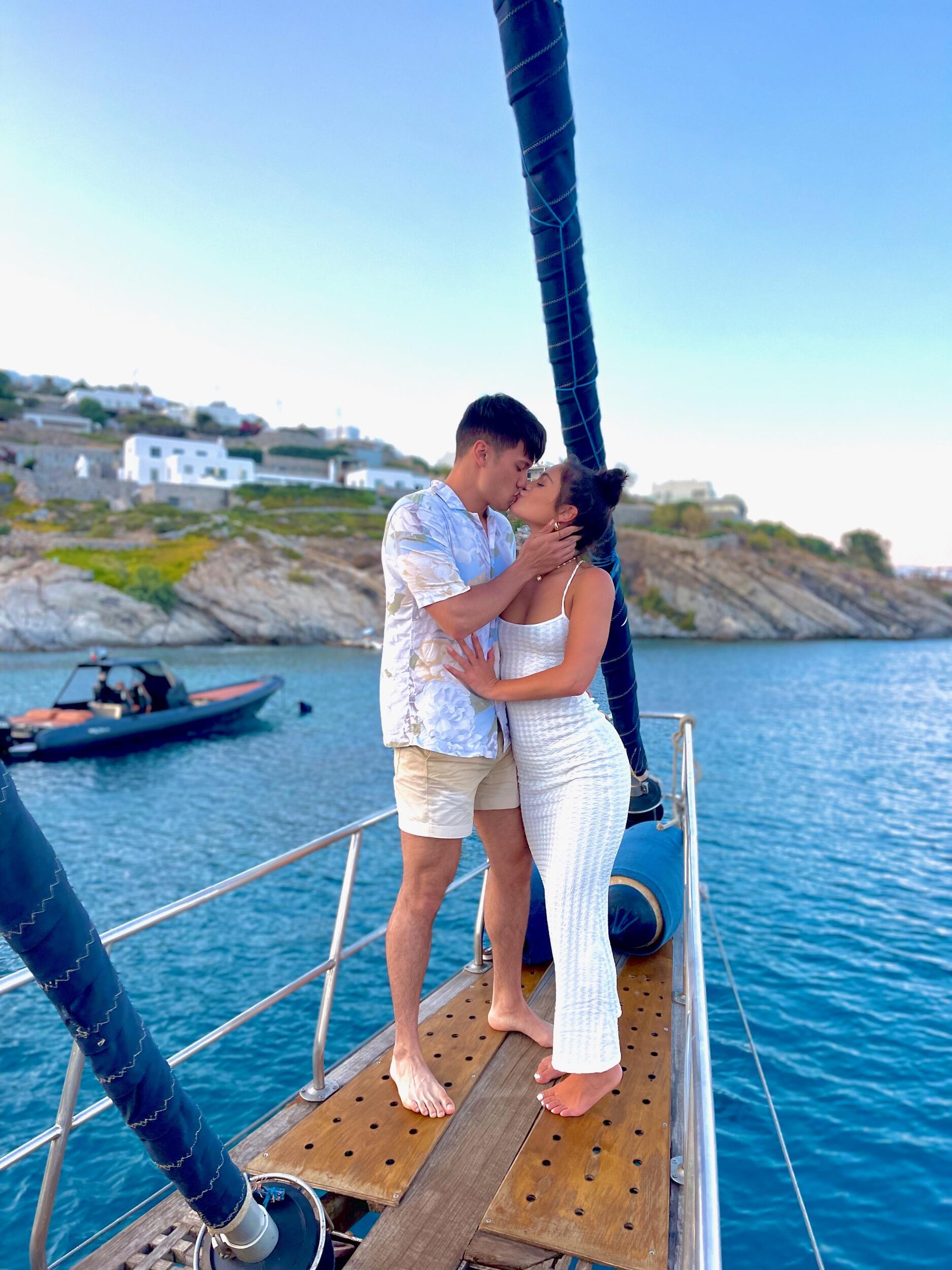 Mykonos, Greece-
Celebrated Ariana's Birthday with a sunset cruise around the islands and finessed flowers and wine by faking a proposal.