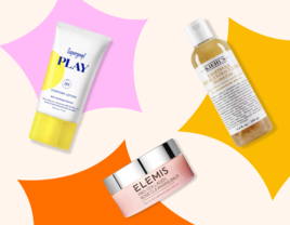 Collage graphic of editors' favorite skincare products