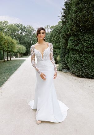 Stretch Crepe Fit and Flare with Pleated Tulle Bodice and Lace Detail