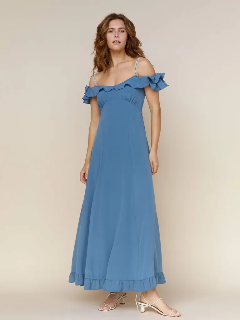 Blue silk maxi cottagecore dress with ruffle detail for wedding guest and bridesmaids