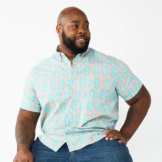 A blue and pink button-down short-sleeved shirt with a leafy motif from Kohl's
