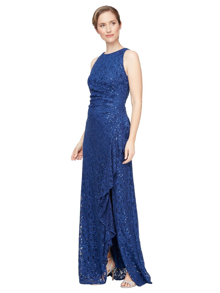 Blue lace petite wedding guest maxi dress for over 50s