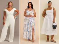 Collage of three models wearing plus-size wedding shower dresses.