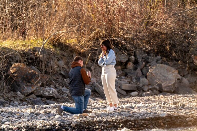 Proposing to Addy at Axtell Bridge in Gallatin Gateway