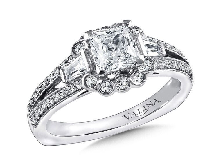 valina split shank two tone engagement ring with princess cut diamond center round diamond rose gold love engraving bottom stone baguette diamond sides and diamond encrusted split shank white gold band 