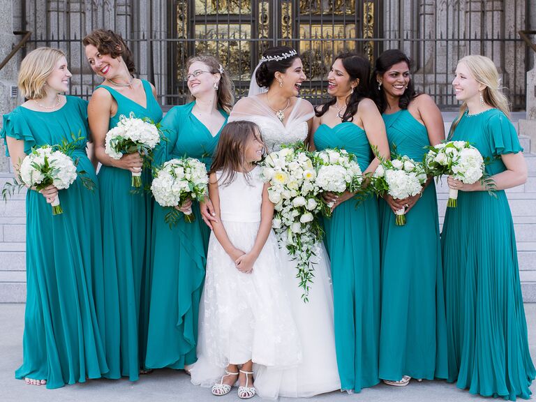 pastel teal bridesmaid dresses