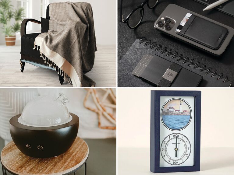 Four 60th birthday gifts for husbands: throw blanket, cardholder, tide clock, diffuser