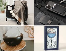 Four 60th birthday gifts for husbands: throw blanket, cardholder, tide clock, diffuser