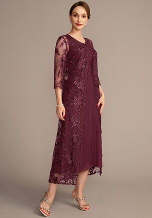 Discover timeless elegance with this enchanting mother dress ensemble. Crafted from delicate lace and chiffon, it features a modest scoop neckline and sheer three-quarter sleeves. The look is complemented with sequin accents, adding a touch of sparkle. Perfect for weddings, formal gatherings, or special occasions.