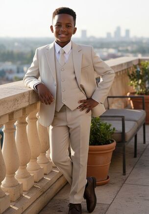 The "Mason" Tan 5-Piece Suit Set, designed by Little Tuxedos, is part of our Essentials Collection. At an attractive price point, the Essentials Collection is one of our best sellers! Available in both classic fit and husky fit, the Essentials will accommodate kids of different shapes & sizes. Kids also love to show off the interior blue abstract premium lining! An expandable waist feature, adjustable vest, and adjustable necktie provide additional comfort for your little one.