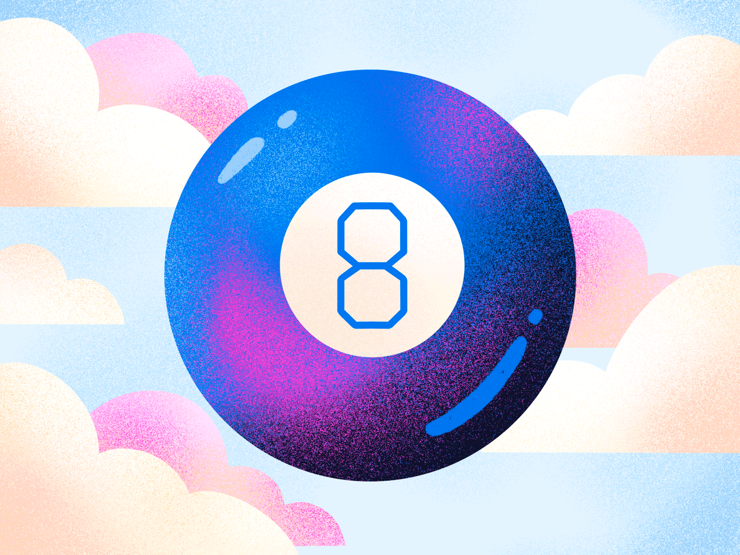 Illustration of a magic 8 ball displaying the message "ask again later"