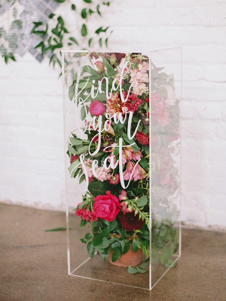 Acyrlic box with flowers inside as modern wedding floral decor