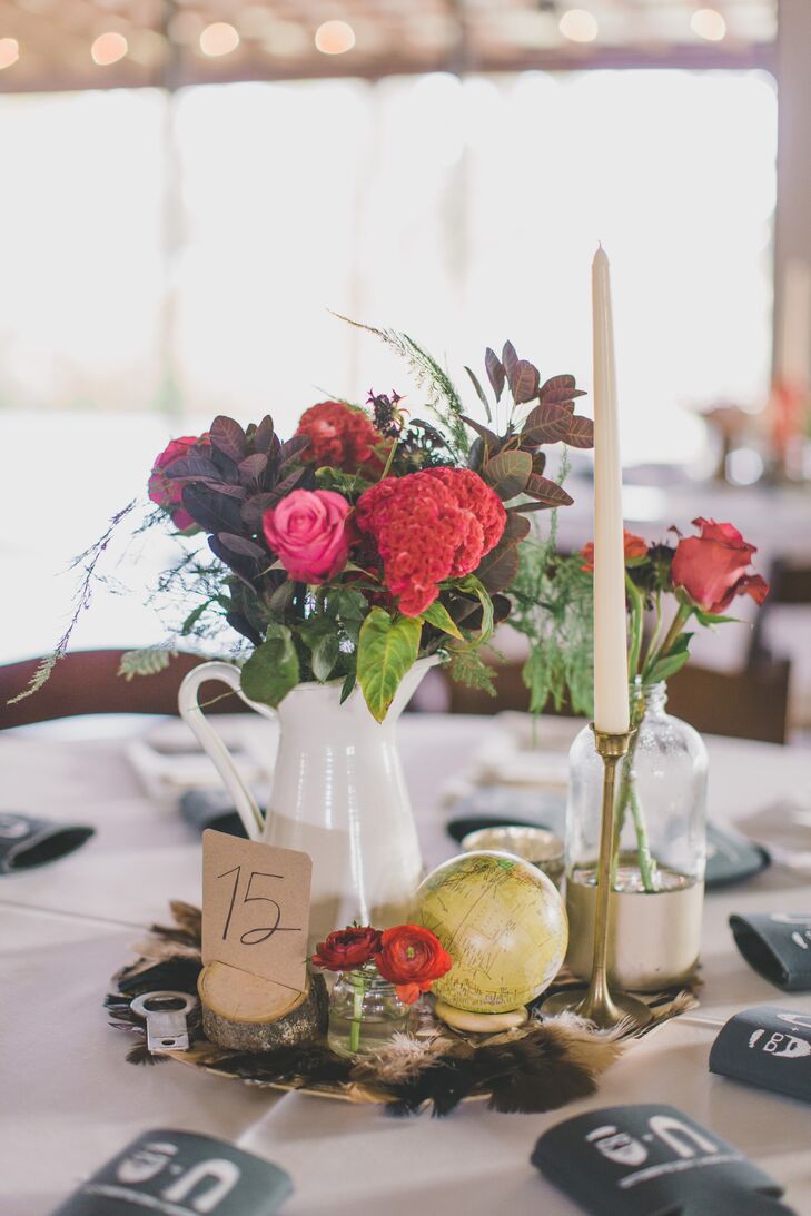 Burgundy Coxcomb And Rose Centerpieces In Vintage Pitcher