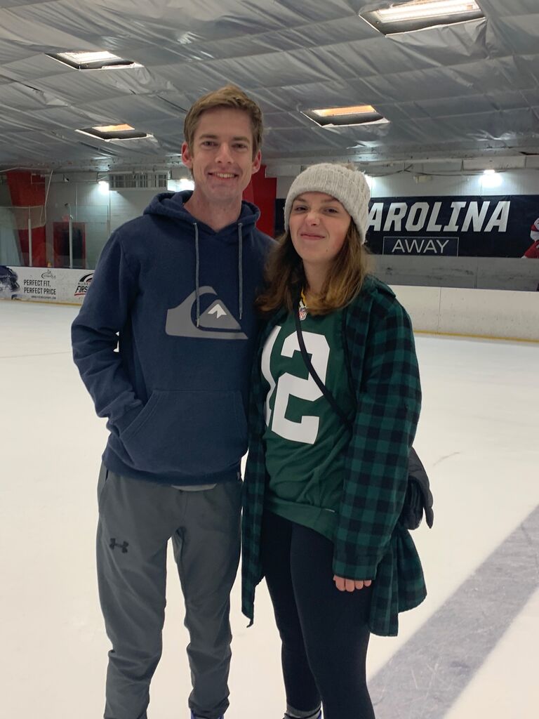 Chloe lost a bet on who would win Steelers vs Packers and had to wear a packer's jersey ice skating.