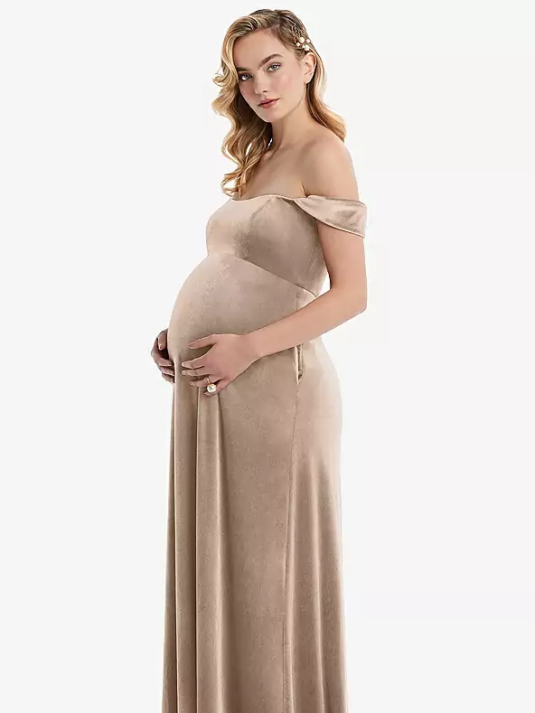 Dessy Group Off-the-Shoulder Flounce Sleeve Velvet Maternity Dress