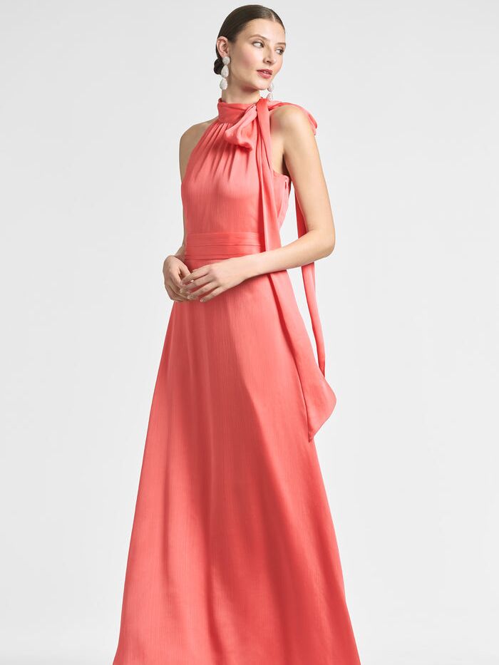 Coral colored halter beach bridesmaid dress by Sachin & Babi. 