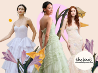Collage of pastel wedding dress trends 2023-2024. 