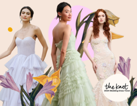 Collage of pastel wedding dress trends 2023-2024. 