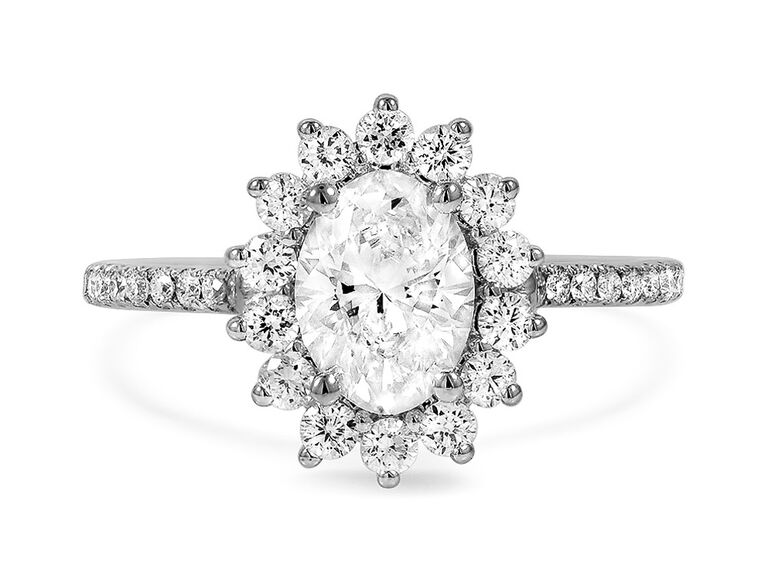 brilliant earth flower engagement ring with oval diamond round diamond halo and round diamond and white gold band