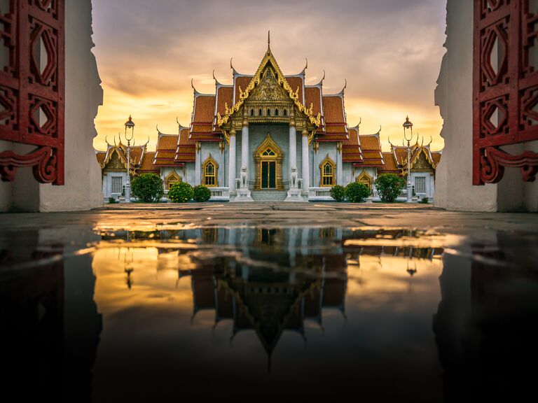 Marble temple (Wat Benchamabophit) in reflection, Bangkok