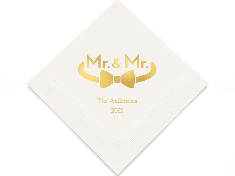 White napkins with 'Mr. & Mr.' and bowtie, names and date in gold foil