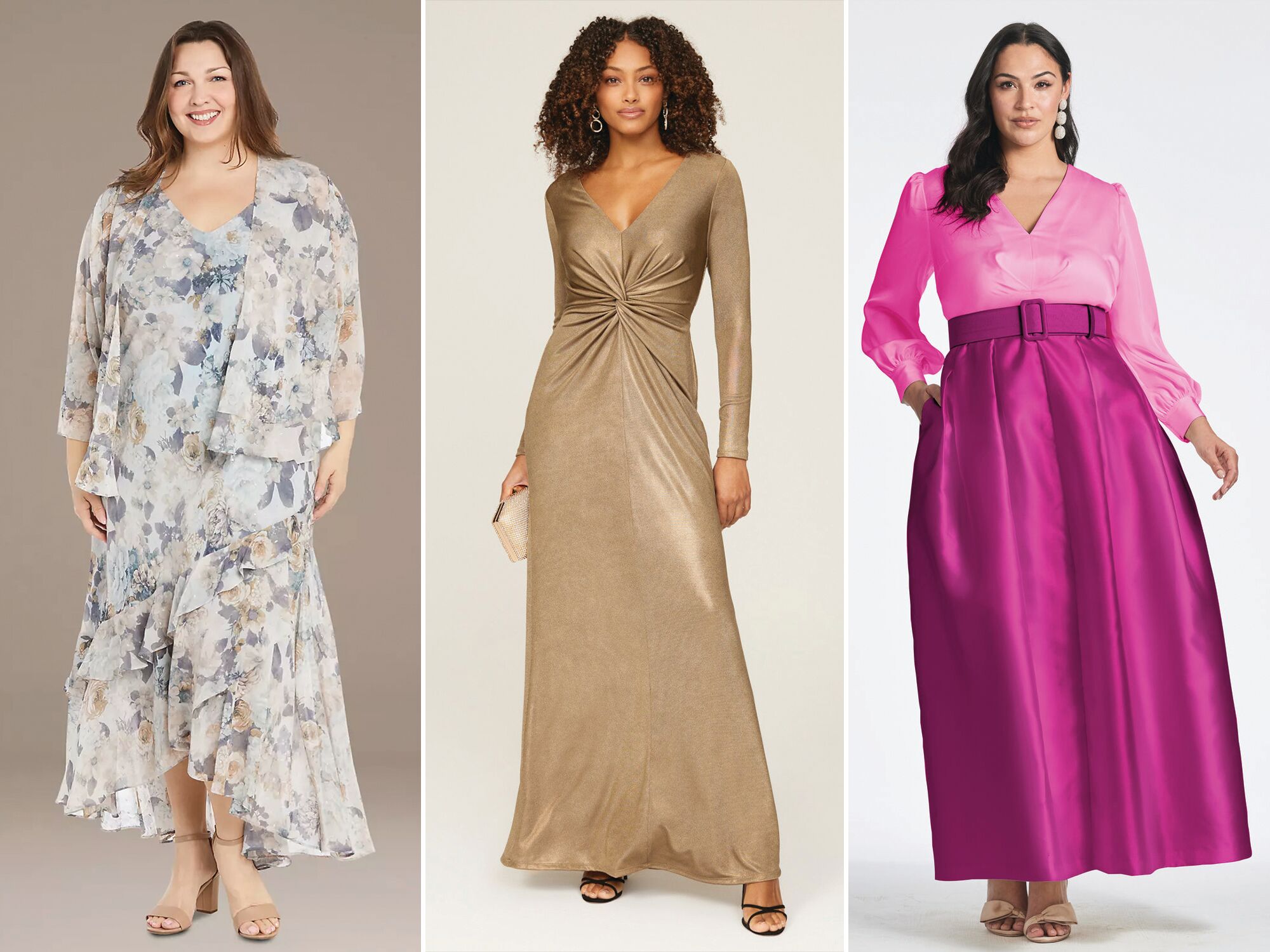 Three mother-of-the-bride dresses with long sleeves